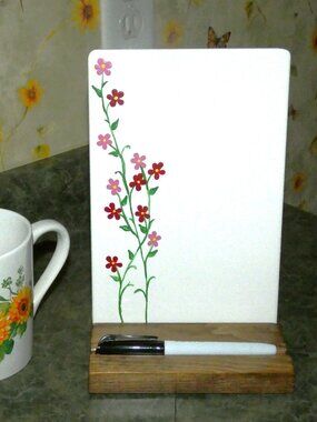 Red Pink Flower Ceramic Whiteboard, Dry Erase Message Board with Wood Stand